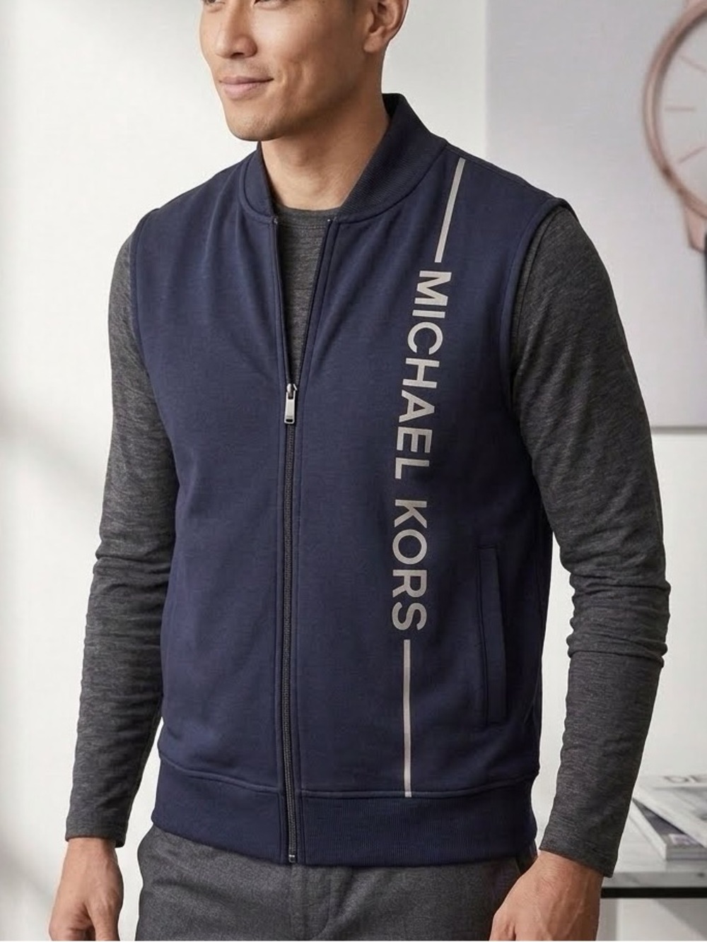 Michael Kors Mens Full Zip Vertical Logo Vest Navy Blue Bomber Collar Size M